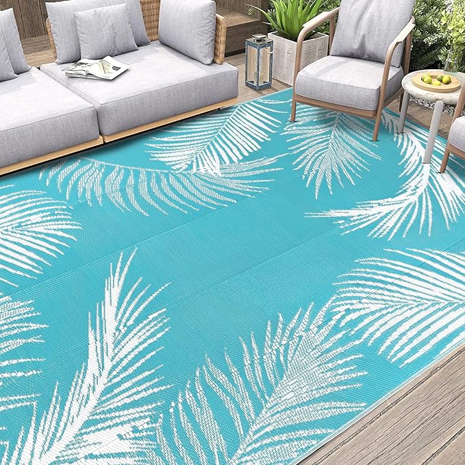 Pauwer Waterproof Outdoor Rug 10x14, Reversible Plastic Straw Patio Camping Rug, Indoor Outdoor RV Mat Carpet for Deck, Camper, Porch, Balcony, Backyard, Picnic, Leaf Teal