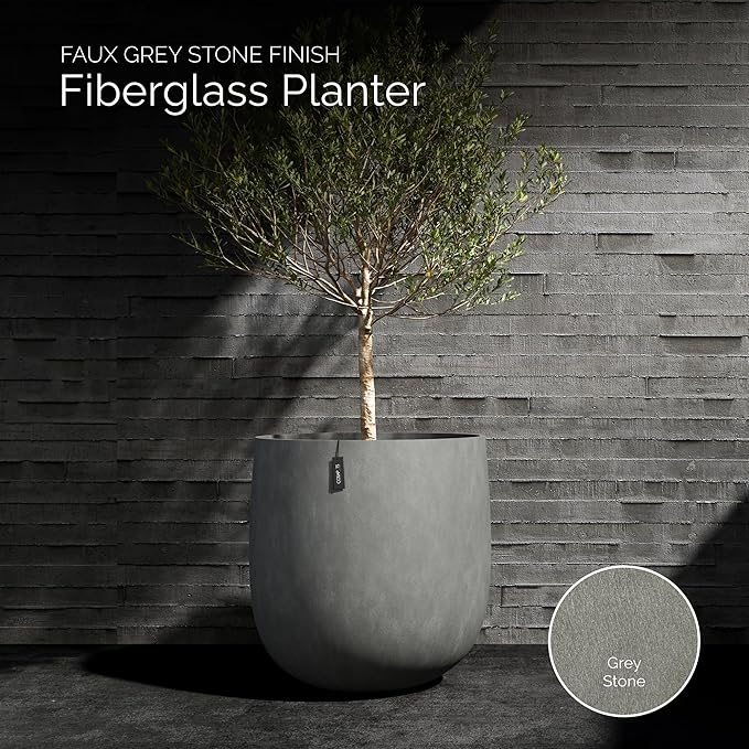 Mondo Large Planter – Grey Stone Finish – Fiberglass Indoor/Outdoor and Weather-Resistant Round Planter (33" D x 31.3" H Exterior, 31.5" D x 30.7" H Interior)
