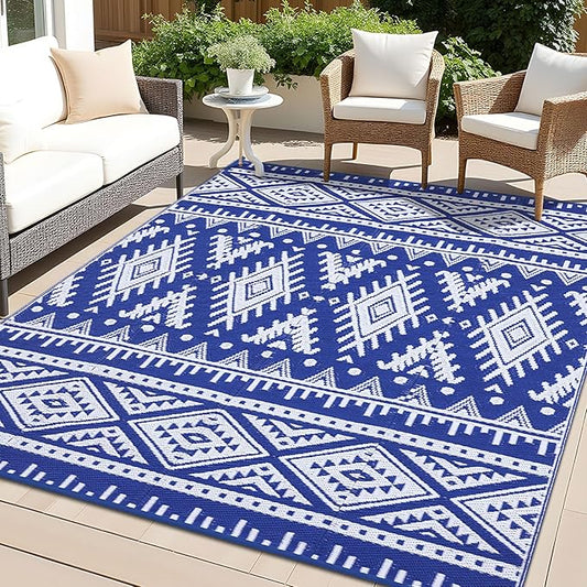 OLANLY Outdoor Rug Waterproof 9x12 ft, Reversible Outdoor Plastic Straw Rug, Boho Patio Rug, Indoor Outdoor Carpet, RV Mat Outside for Patio, Camp, Picnic, Balcony, Deck, Backyard, Blue & White