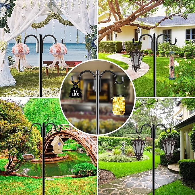 Gtongoko Bird Feeder Pole Squirrel Proof, 108 Inch Double Shepherds Hook for Outdoor with Squirrel Baffles Adjustable Heavy Duty with 5 Prongs Base for Hanging Plants, Bird Feeders, Black