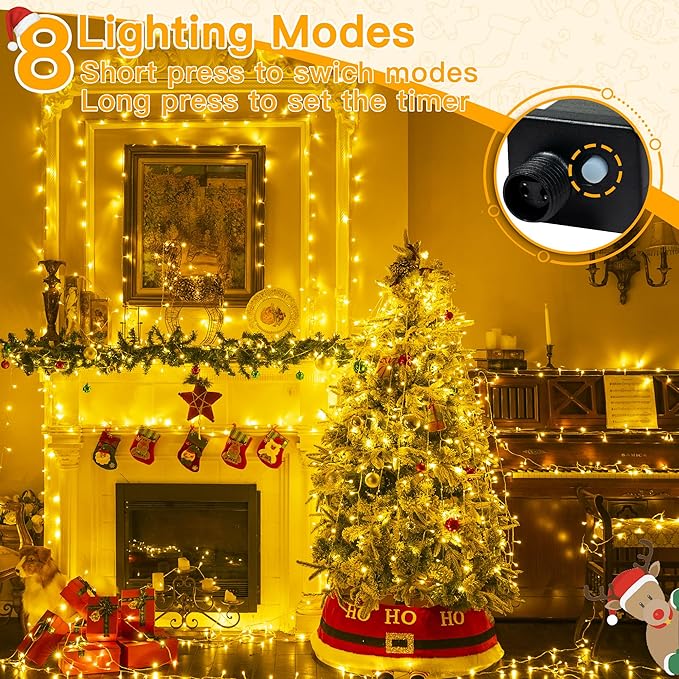 Ollny String Lights Indoor 200LED 60FT, Warm White Connectable Plug in LED Outdoor Light, 8 Modes Waterproof Timer Christmas Lights for Outside Bedroom House Party Wedding Camping