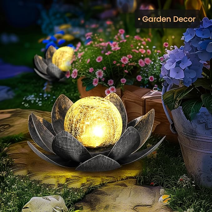 GIGALUMI Solar Light Outdoor Garden Decor, Lotus Flower Light Crackle Globe Glass Lantern Outdoor Table Decor Waterproof for Patio, Lawn, Pathway, Pool, Pond (Grey Petal)