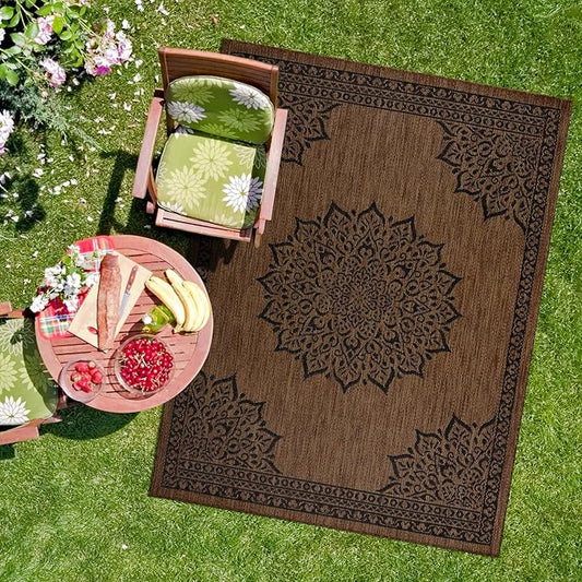 CAMILSON Outdoor Rug 8x10 Medallion Nut Brown Black Modern Area Rugs for Indoor and Outdoor Patios, Kitchen and Hallway Rug, Washable Porch Deck Outside Carpet (8 x 10)
