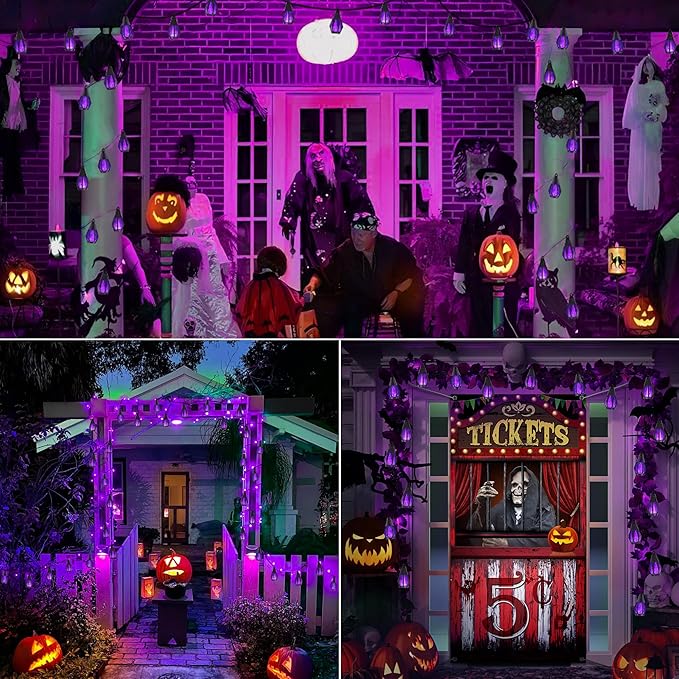 Solar Halloween Lights Outdoor, 13Ft Outdoor String Lights with 10 Flickering Flame Bulb, Waterproof Solar Powered Purple Halloween Lights LED Flame Lights for Halloween Decorations Yard Patio Garden