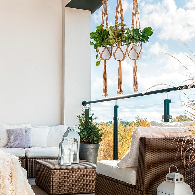 Sorbus Macrame Plant Hanger (6 Pack) Indoor Outdoor Hanging Plant Pots Cotton Rope, Elegant for Home, Patio, Garden (Brown)