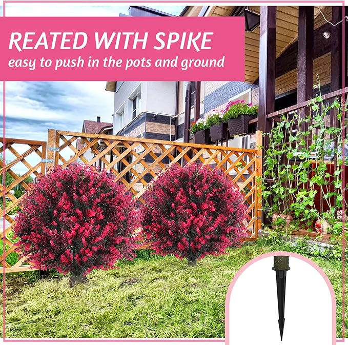 Yunlly 2 Pcs 18 Inch Artificial Boxwood Ball Topiary Tree Fake Outdoor Plants Bush, UV Resistance Faux Shrubs with Spike Realistic Greenery Potted for Indoor Garden Yard Porch Patio Decor (Rose Red)