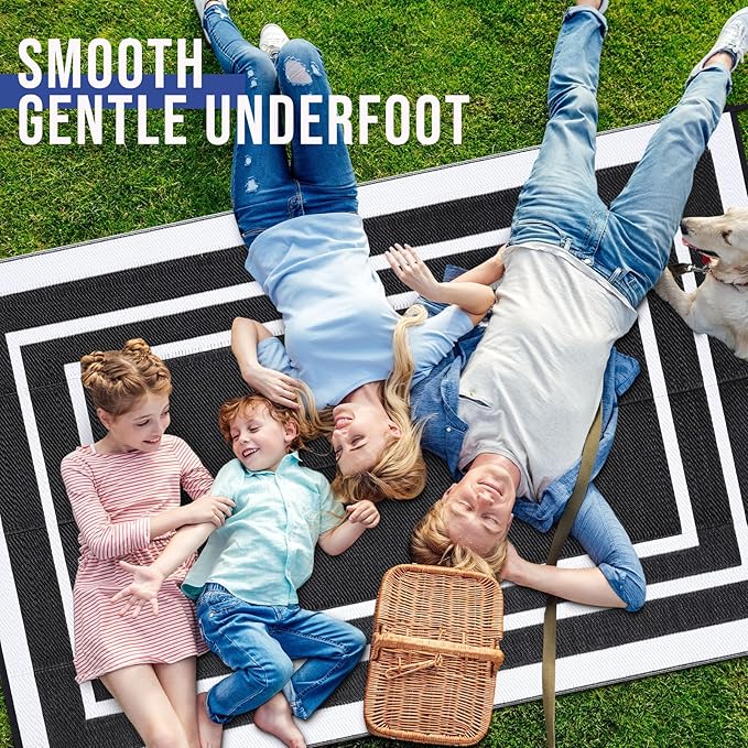 OLANLY Outdoor Rug 6x9 ft Waterproof, Reversible Outdoor Plastic Straw Rug, RV Mat, Indoor Outdoor Carpet Clearance for Patio, Camping, Balcony, Deck, Backyard, Black & White