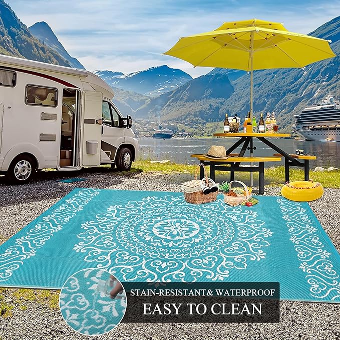 Pauwer Waterproof Outdoor Rug 6x9, Reversible Plastic Straw Patio Camping Rug, Indoor Outdoor RV Mat Carpet for Deck, Camper, Porch, Balcony, Backyard, Picnic, Floral Teal