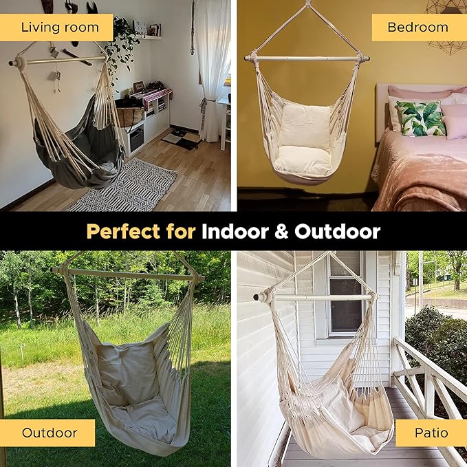 ADVOKAIR Hammock Chair Swing (500 lbs Max-2 Cushions) - Hanging Hammock Chair Rope Swing Indoor for Bedroom, Outdoor, Patio, Bedroom, Porch, Deck - Sturdy Steel Bar with Anti-Slip Safety Rings