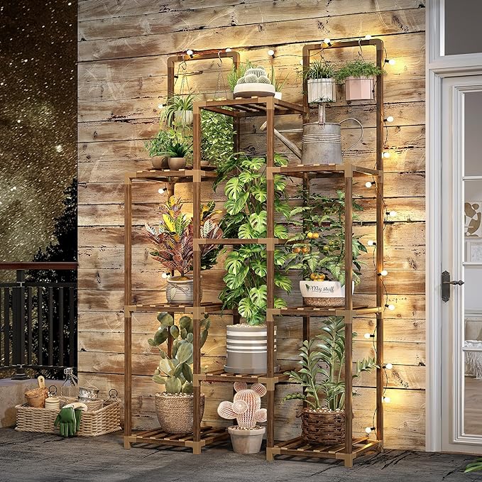 EnHomee Double Rod Tiered Plant Stand Indoor Wood Plant Shelves for Multiple Plants Stands with 8 Potted Load-Bearing 360 LBS 34.2''W*11.8''D*47.4''H