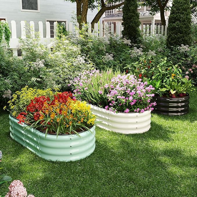 Galvanized Metal Planter Round Raised Garden Bed Kit for Gardening Outdoor，3x3x1ft Grow Garden Box Raised Flower Bed，Round Galvanized Planter Outdoor Large Metal Fire Pit Ring Green