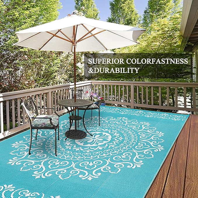 Pauwer Waterproof Outdoor Rug 6x9, Reversible Plastic Straw Patio Camping Rug, Indoor Outdoor RV Mat Carpet for Deck, Camper, Porch, Balcony, Backyard, Picnic, Floral Teal