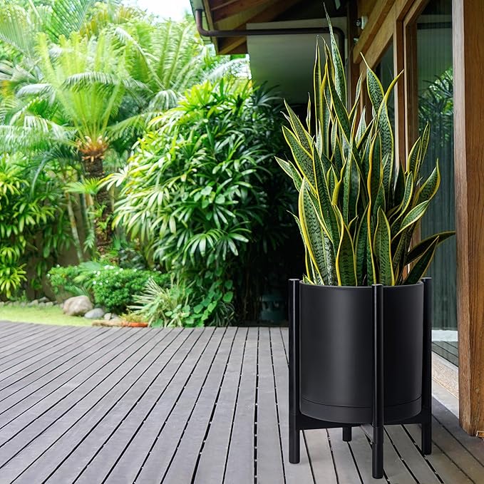 D'vine Dev Planter Pot with Stand - 16 Inch Plastic Cylinder Flower Pot with Wood Planter Holder for Indoor, Matte Black Pot + Ebony Stand, 55-C-Z-2