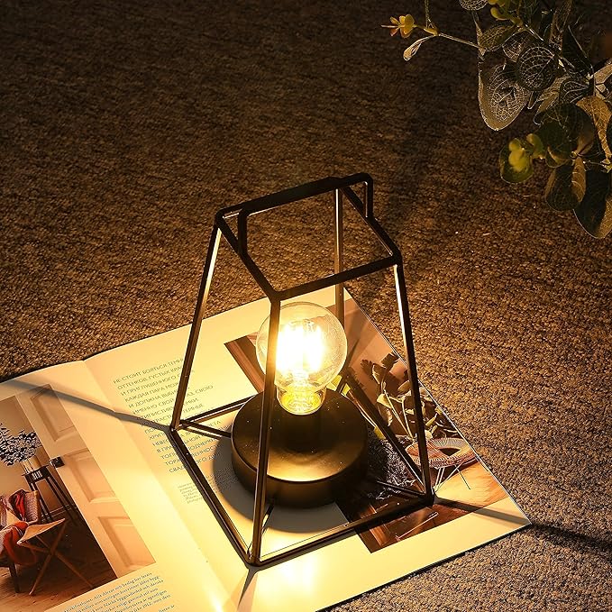 JHY DESIGN Retro Style Geometric Table Lamp 10''High Simple Iron Art Cordless Lamp Battery Powered Lamp with 6-Hours Timer Feature Cage Wireless Lamp for Balcony Party Indoor Outdoor(Short, Black)