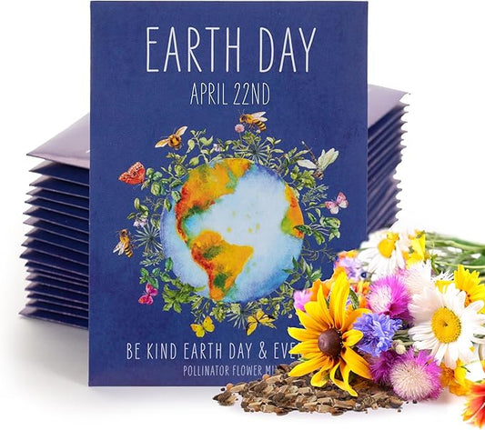 Bentley Seed Co. | Earth Day Planet Pollinator Flowers | Illustrated Bee Butterfly Flower Seed Packets | Environmental Favors for Events | Wildflower Mix Seed | Eco-Friendly Hand Out Gift | 25 Pack