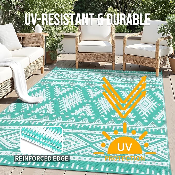 OLANLY Outdoor Rug Waterproof 6x9 ft, Reversible Outdoor Plastic Straw Rug, Boho Patio Rug, Indoor Outdoor Carpet, RV Mat Outside for Patio, Camp, Picnic, Balcony, Deck, Backyard, Turquoise & White