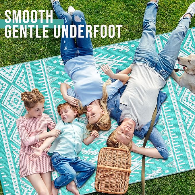 OLANLY Outdoor Rug Waterproof 6x9 ft, Reversible Outdoor Plastic Straw Rug, Boho Patio Rug, Indoor Outdoor Carpet, RV Mat Outside for Patio, Camp, Picnic, Balcony, Deck, Backyard, Turquoise & White