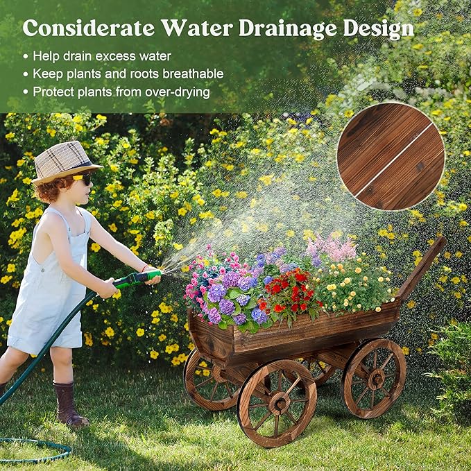 Wood Wagon Planter for Outdoor Balcony Decor - Garden Rustic Wooden Flower Cart with Wheels for Outside Garden Decor Wheelbarrow Planter for Patio