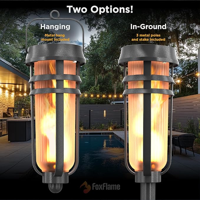 Metal Solar Torch - Adjustable Height (24" - 50"), Outdoor Lights with Flickering Flame, Waterproof Solar Powered Lights, Flame Torches for Patio, Pathway, Yard Decor, Matte Black (4-Pack)