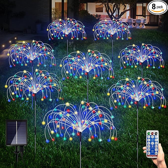 Solar Garden Firework Lights Outdoor 8 Pack, 8 Modes, 120 LED Waterproof Copper Wire DIY Solar Decorative Lights with Remote Control, for Yard Pathway Party Decor