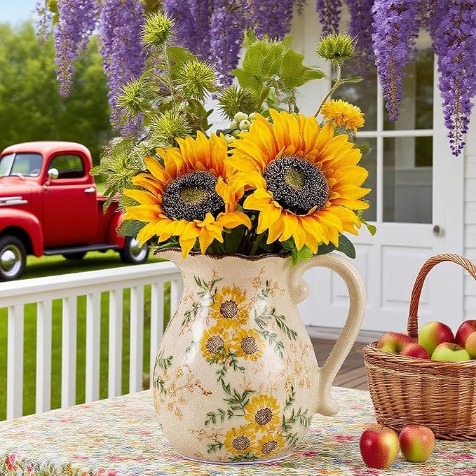 Sunflower Vintage Ceramic Yellow Floral Vase with Handle, Chinoiserie Floral Pitcher Vase, Rustic Ceramic Farmhouse Vases for Home Decor, Living Room, Bookshelf, Office, Grand Millennial Decor 7.9 in