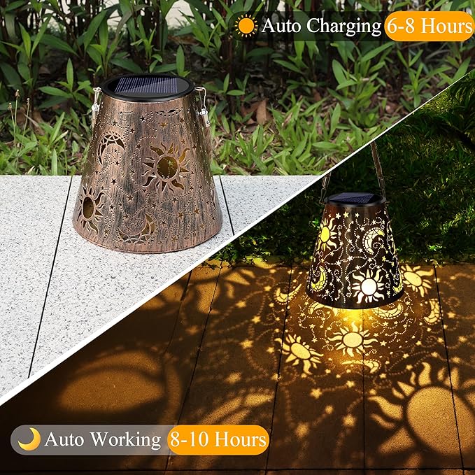 Toodour Solar Lantern Outdoor, Hanging Solar Outdoor Lights Garden Decor, Waterproof Hollow Out Retro Metal Sun & Moon Decorative Lights for Patio, Balcony, Yard, Walkway, Outdoor Decorations