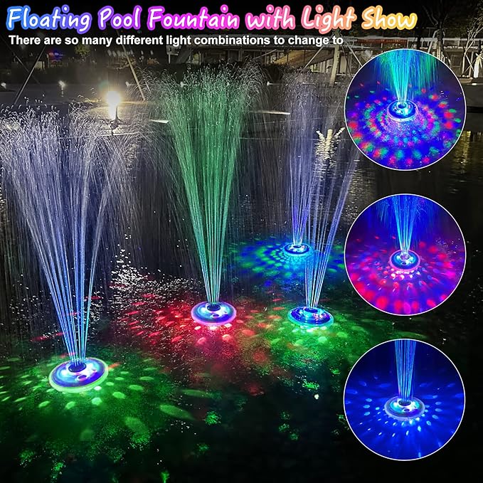 Floating Water Fountain with Underwater Lights, Rechargeable Battery Powered Pump Outdoor, 2 Modes Sprinkler Waterfall fountain for Inground Above Ground Pool, Pond-1PC