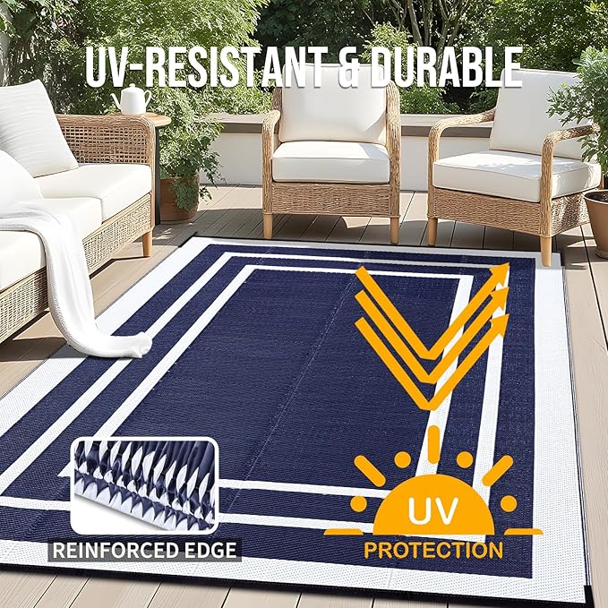 OLANLY Outdoor Rug 6x9 ft Waterproof, Reversible Outdoor Plastic Straw Rug, RV Mat, Indoor Outdoor Carpet Clearance for Patio, Camping, Balcony, Deck, Backyard, Navy & White