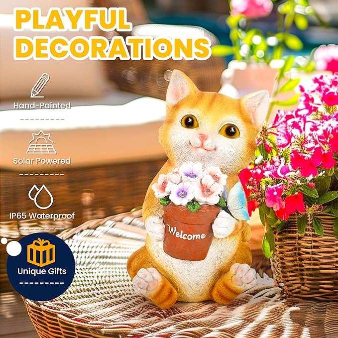 GIGALUMI Solar Garden Decor Flower Pot Cat Statues Outdoor, Birthday Gifts for Women, Gifts for Mom Grandma Senior Elder, Cat Ornament for Balcony, Garden, Patio, Yard, Lawn