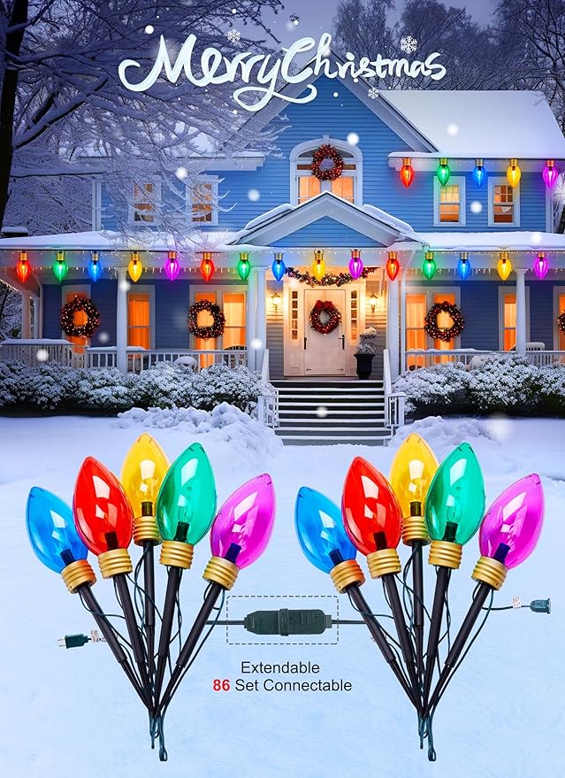 Super Jumbo C9 Christmas Pathway Lights - 11FT 5 LED Jumbo Christmas Walkway Lights, Multicolor Christmas Decoration Outside, Waterproof Giant Christmas Lights Outdoor Decoration for Yard Holiday Lawn