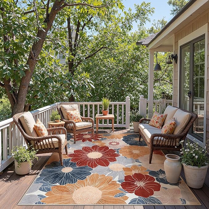 GENIMO Indoor Outdoor Area Rug 6' X 9' Waterproof, Washable Patio Rug Non Shedding, Easy Cleaning Floral Outdoor Carpet for Living Room, Bedroom, Dining Room, Balcony, Backyard, Deck, RV, Red Blue