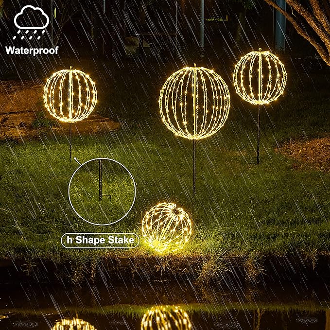 LIGHTSHARE 12IN 96LED Light Ball Yard Decoration Pathway Lights Sphere Light with Fold Flat Metal Frame Indoor Outdoor Waterproof Garden Lights, Plug in