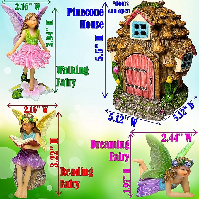 Mood Lab Fairy Garden - Pinecone Fairy House Kit of 4 pcs - Miniature Figurines & Accessories Set - Outdoor or House Decor