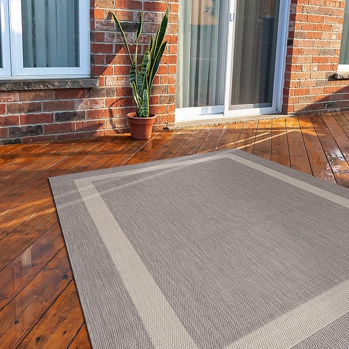 CAMILSON Outdoor Rug 9x12,Large Modern Outside Rugs for Patios Porches Waterproof Durable Washable Non-Shedding, Easy-to-Clean Indoor Outdoor Area Carpet (9 x 12, Bordered - Gray/White)