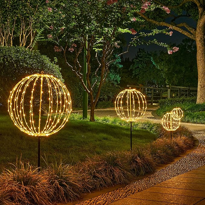 LIGHTSHARE 10IN 48LED Light Ball Yard Decoration Pathway Lights Sphere Light with Fold Flat Metal Frame Indoor Outdoor Waterproof Garden Lights, Brown Frame / Warm White Lights, 10