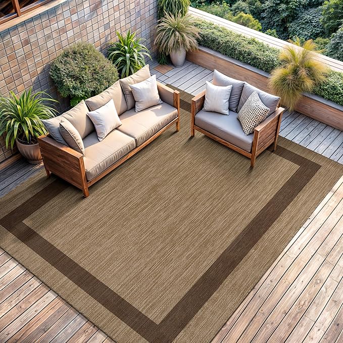 CAMILSON Outdoor Rug 9x12 - Large Modern Outside Rugs for Patios Porches Waterproof Durable Washable Non-Shedding, Easy-to-Clean Indoor Outdoor Area Carpet (9 x 12, Bordered - Jute)