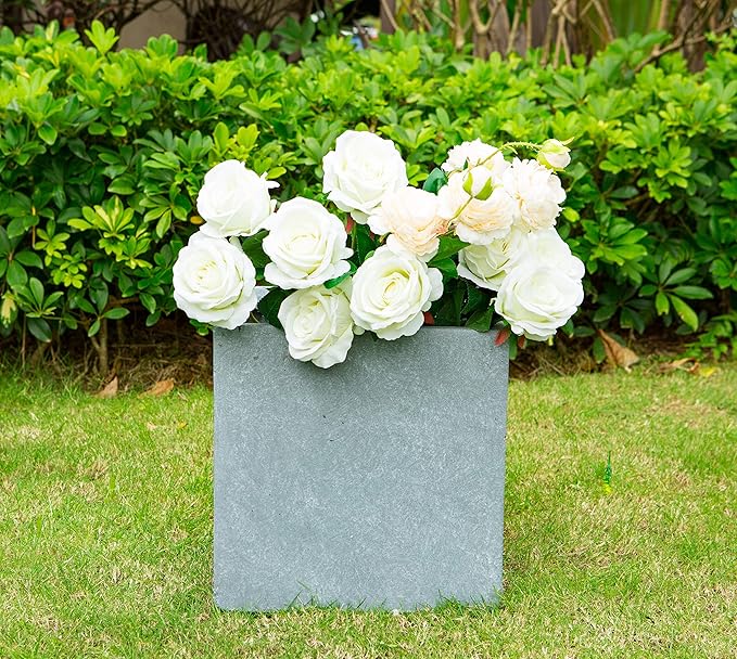 Kante 16 Inch Square Concrete Planter for Outdoor Indoor Home Patio Garden, Large Plant Pot with Drainage Hole and Rubber Plug, Slate Gray