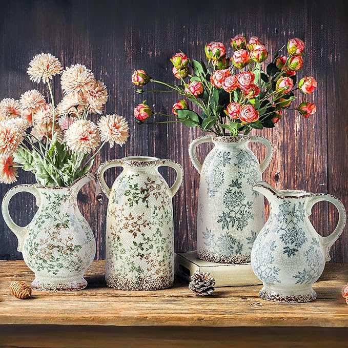 Enra Large Vintage Blue and White and Pitcher for Home Decor, 9.7 Inch Rustic Chinoiserie Decorative Vases, Green and Beige Ceramic Vases for Living Room, Kitchen, Office – Large Vases for Decor