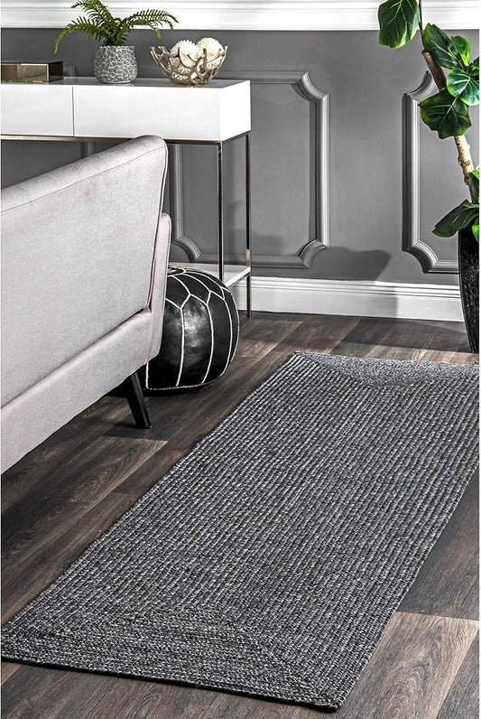 nuLOOM 2' x 6' Solid Hand Braided Indoor/Outdoor Area Rug, Pet-Friendly, High Traffic, Weather Resistant, for Patio, Balcony, Bedroom, Living, Dining Room, Wynn Charcoal