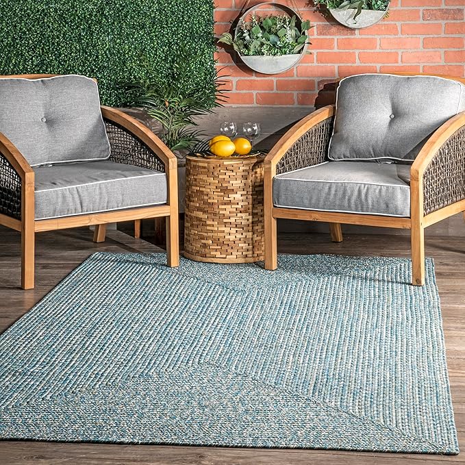 nuLOOM 8' x 10' Solid Hand Braided Indoor/Outdoor Area Rug, Pet-Friendly, High Traffic, Weather Resistant, for Patio, Balcony, Bedroom, Living Room, Dining Room, Wynn Aqua