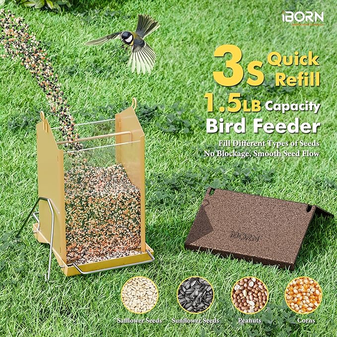iBorn Bird Feeders for Outdoors,Bird House Feeder with Weatherproof Metal Roof & 8 Drain Holes,Fully Detachable Birdfeeder Design,Easy Clean & Refill,Chew-Proof PC Windows,1.5 Lbs Capacity,Coffee Roof