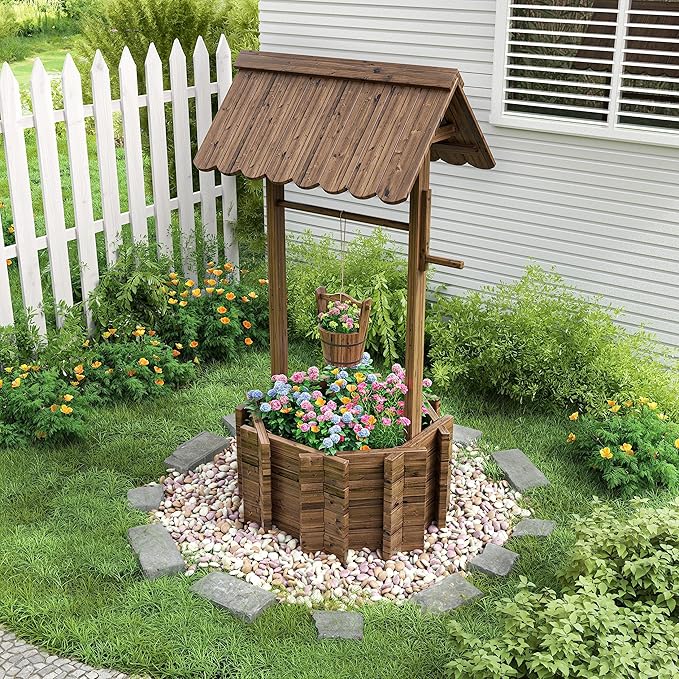 UDPATIO Wishing Wells for Yard, Large Wooden Wishing Well Planter for Outdoors, Upgrade Wishing Well with 4 Reinforced Rod & Hanging Bucket for Garden Patio Lawn Backyard Home Decor